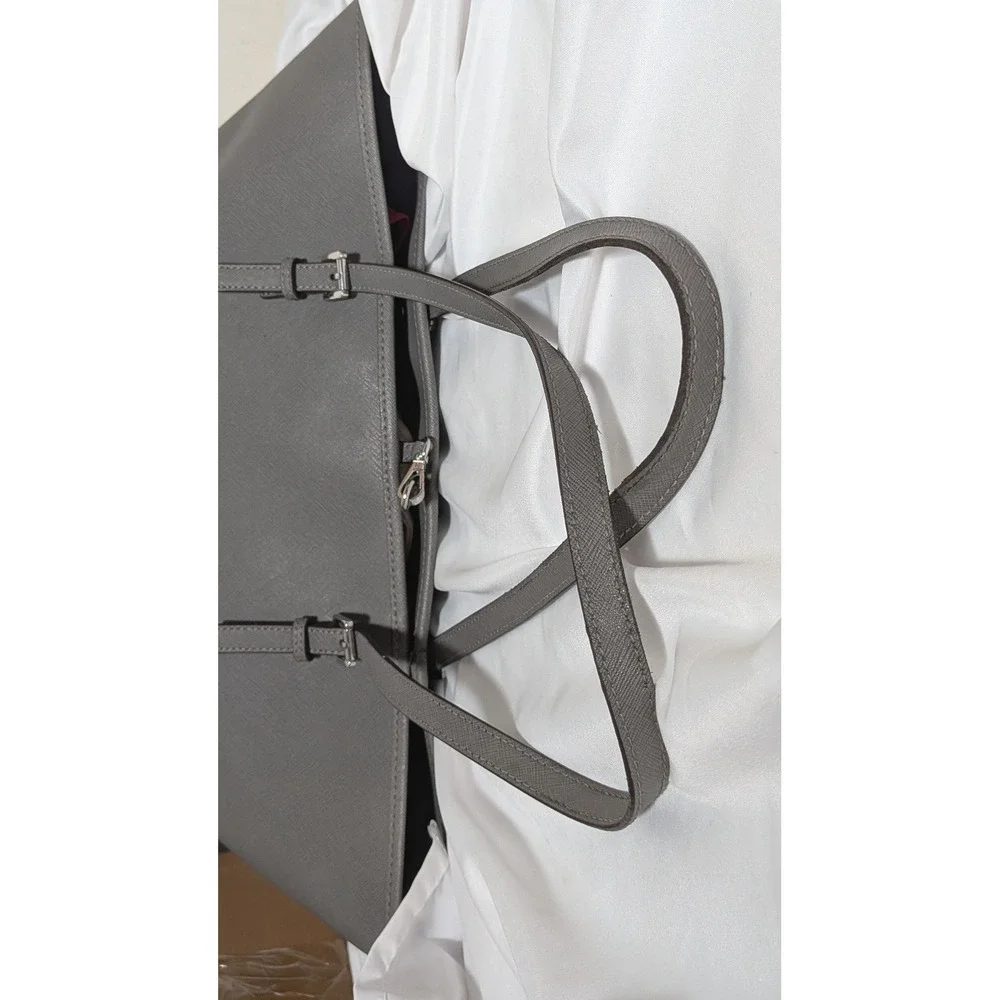 Michael Kors Jet Set Travel Tote Grey Saffiano Leather Large Shoulder Bag Silver